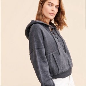 Free People Movement Believe It Charcoal Grey Cropped Lace Up Hooded Sweater